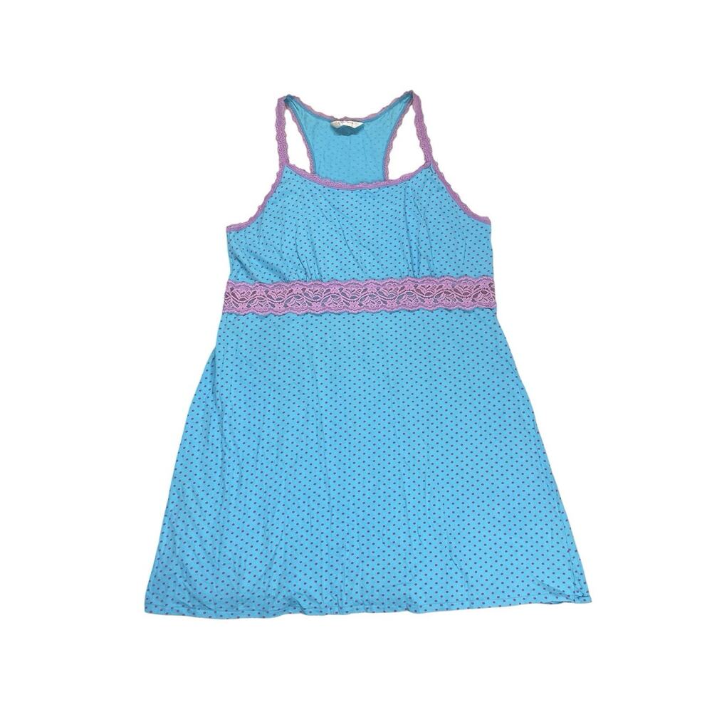Cacique Chemise Cotton Polka Dot Sleep Dress Womens Sz L Retro Pin-Up Lace Trim